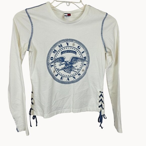 Tommy Girl Jeans Women's White Blue Top Shirt M Y2K Corset Punk Skater Rocker - Picture 4 of 16